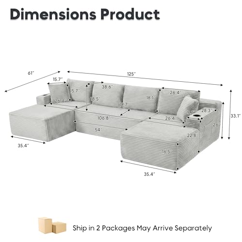 Image of 125 Inch Modular Sectional Sofa, Cloud Couch Oversized U Shaped Corduroy Sofa with Storage & Cupholders, Modern Deep Seat Boneless Couches for Living Room, No Assembly Required, Light Grey