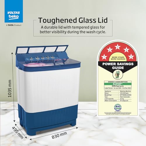 Image of Voltas beko, A Tata Product 8.5 kg 5 Star Semi-Automatic Top Load Washing Machine With Double Water Fall technology (WTT85DBLG /FLRB5, Blue, Special Pulsator & 5 Knob Control Method)