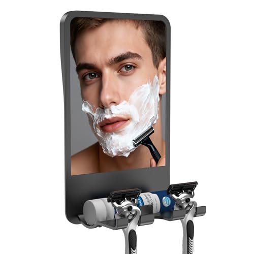 Infitrans Shower Mirror for Shaving Fogless with Multifunctional Storage for Razor and Shaving Foam Canister, Adhesive or Screw Optional Installation,Adjustable Angle, Black