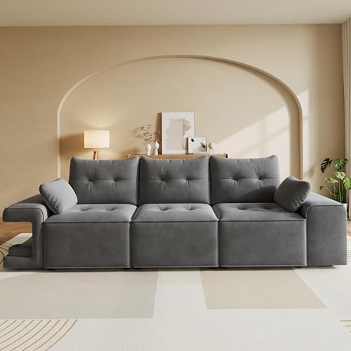NADEUSAK Sofá modular moderno de 3 plazas, reposabrazos anchos, color gris, sofá nube, espacio de almacenamiento integrado, zona acolchada para mascotas, dos cojines, ideal para salas de estar y