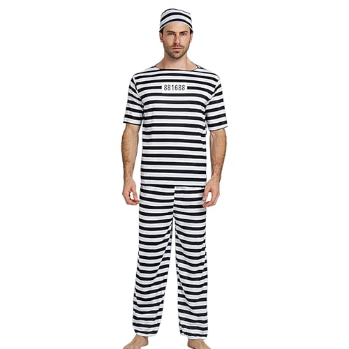Generico Disfraz de Prisionero | Disfraz de Prisionero para Halloween a Rayas Blancas y Negras | Mono Transpirable para Halloween, Navidad, en Pareja y Cosplay Medieval