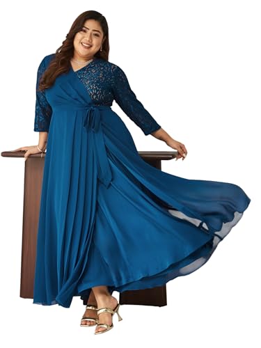 Image of Miss Chase A+ Women's Floral Printed Relaxed Fit V -Neck 3 /4Th Sleeve Georgette Maxi Dress