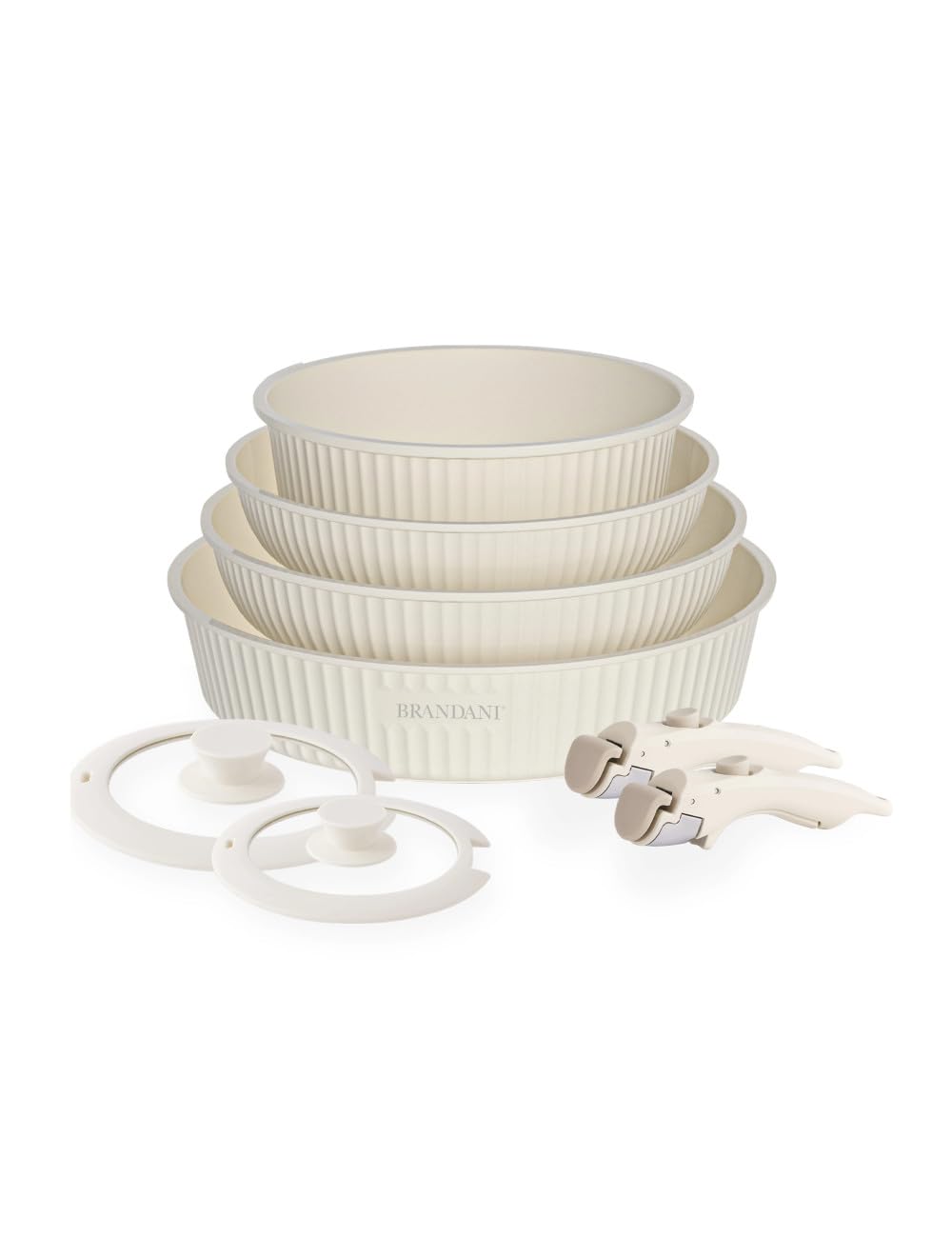 Brandani 80085 Smart Set 8 pz – 4 padelle impilabili in alluminio con 2 manici removibili e 2 coperchi in vetro temperato