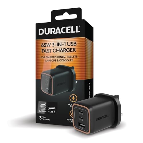Image of Duracell 65W USB-C Charger UK Plug, 3 Port GaN Fast Charger with 2 USB-C PD & USB-A Ports for MacBook, iPhone 16, Samsung Galaxy, iPad, Laptop, Switch & USB Devices