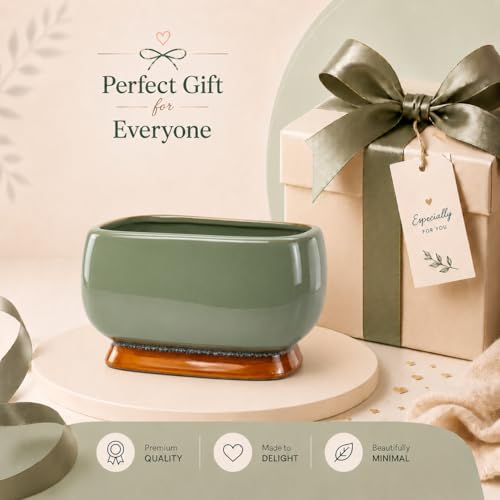 Image of Xtore Refined Glazed Ceramic Bonsai Planter Pot for Indoor & Tabletop Decor | Wide Low Profile with Drainage Hole | Turquoise Green Finish (Pack of 1, Planter Only)