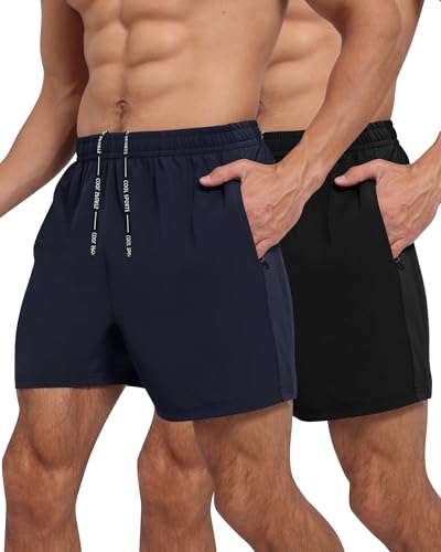 LalaHooK 2 Pack Gym Shorts Men - 5'' Quick Dry Athletic Workout Running Shorts for Casual Basketball with Zipper Pockets