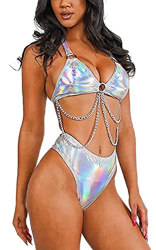 Rave Outfits for Women - EDC Metallic Holographic Body Chain Harness Top High Waist Bottom Festival Dance Bikini