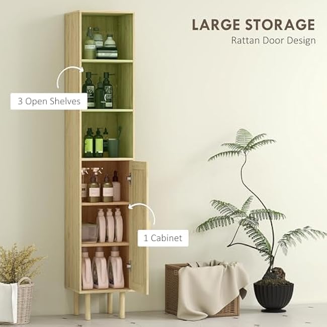 HOMCOM 3-Piece Bathroom Storage Cabinet Set, Boho Bathroom Cabinets with Rattan Doors, Adjustable Shelves, Open Shelves and Drawer for Small Space, Distressed Oak