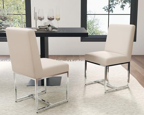 HNY Kitchen & Dining Room Chairs Set of 2, Linen Fabric Mid Century Modern Dining Chairs, Upholstered Dining Chairs with Polished Chrome Finish Metal Frame, Cream, Cream-linen-chrome Base