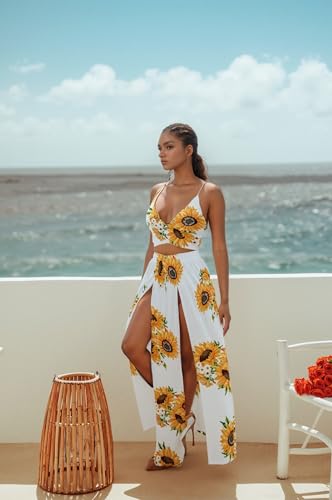 Image of Women Sexy 2 Piece Outfits Dress Chiffon Strap Deep V Neck Bra Crop Top High Split Maxi Dresses Skirt Set