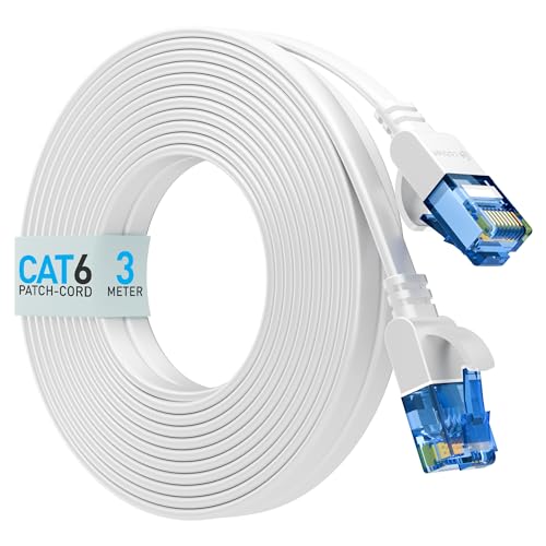 Image of CABLET Cat 6 Ethernet Cable 3 Meter | 100% Pure Copper Flat RJ45 LAN Cable | 1Gbps 250MHz High Speed Internet Cable | UTP Network Patch Cord for Router, Modem & PC | White (3 Meter)
