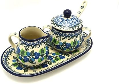 Polish Pottery Cream & Sugar Set with Sugar Spoon - Blue Berries