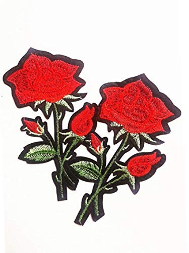 Parakh Red Rose Embroidery Iron Applique Pasting Patches (4 Pieces)