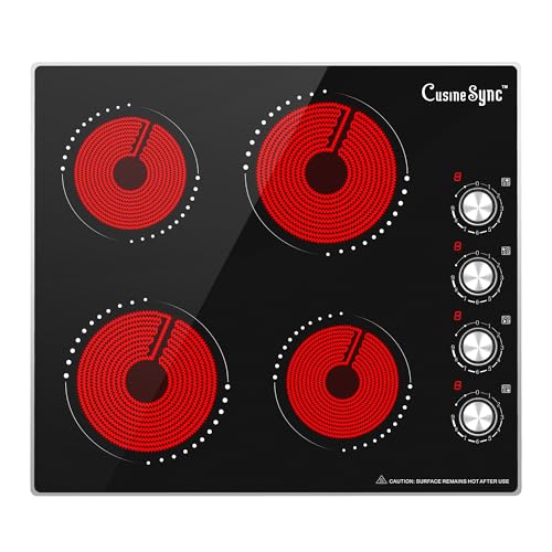 Image of 24 Inch Electric Cooktop, 4 Burner Ceramic Stove with 9 Power Levels, Knob Control, Auto shutdown and Residual Heat Warning, 6000W, 220-240V for Hard Wire