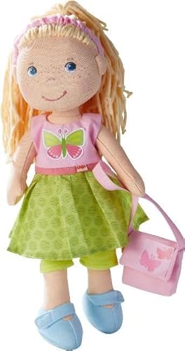 HABA 304253 - Kleiderset Schmetterling, Set aus Kleid, Hose, Handtasche und Haarband, Puppenzubehör für alle 30 cm großen Puppen, ab 18 Monaten