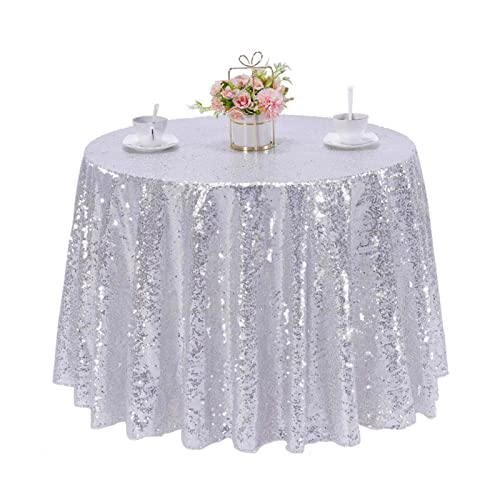 TCBESTO Silver Sequin Tablecloth 90" Round Glitter Table Cover Sequence