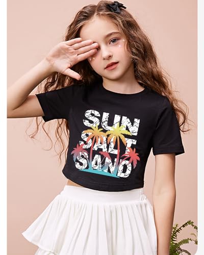 Image of DDSOL Girls Crop Tops Summer Palm Tree Sunset Beach Shirt Hawaii Short Sleeve Tropical Tshirts for Teen Girl 6-14 Years