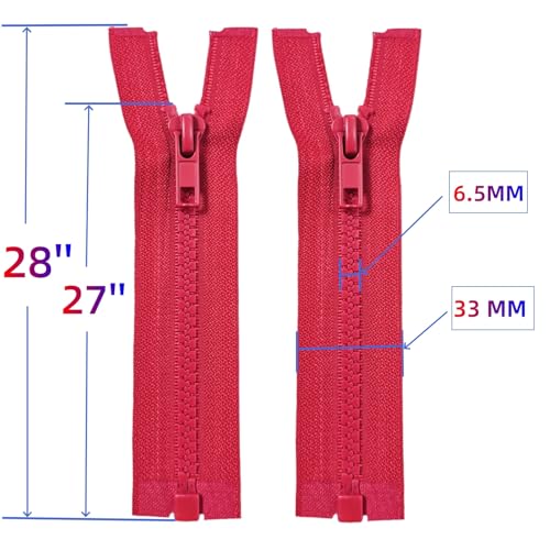 Image of MebuZip 2PCS #5 27 Inch Separating Jacket Zippers for Sewing (Red) | Resin Zipper Molded Plastic Zippers Bulk for Sewing Jackets Coats Clothes
