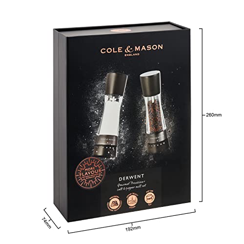 Image of Cole & Mason H332293 Derwent Black Wood Salt and Pepper Mills, Gourmet Precision+, Adjustable Grind, Stained Beech /Acrylic, 190 mm, Gift Set, Includes 1 Salt and 1 Pepper Grinders