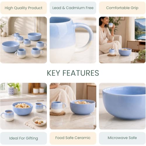 Image of The Earth Store Sky Blue Ceramic Snack Bowl & Tea Cup Combo | Bowls & Tea Cups(Ovule) | Microwave & Dishwasher Safe | Multipurpose Combo for Tea, Coffee, Snacks, Diwali Gifting