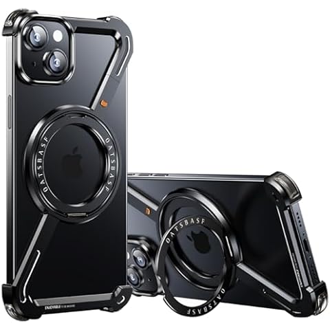 OATSBASF Minimalist Phone Case Compatible with iPhone 15 Plus 6.7", 360° Rotation Kickstand Aluminum Metal Frameless Design Bumper Z Case, Protective Shock Grade Shell, Black Cover