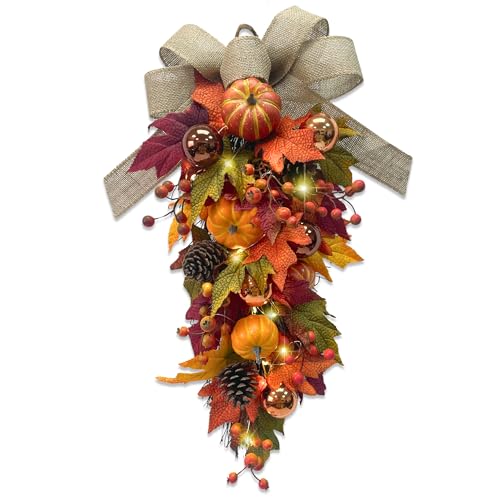 24" Pre-Lit Fall Teardrop Swag with 15 LED Lights & Timer, Pumpkins, Maple Leaves, Pinecones & Burlap Bow, Battery Operated Autumn Door Swag for Thanksgiving & Halloween Decor