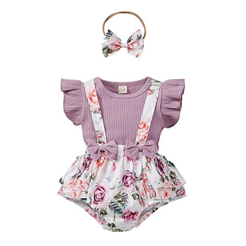 Baby Girl Floral Romper Newborn Dress Ruffle Onesie Suspender Shorts Jumpsuit Cute Summer Clothes and Headband (11-Purple, 3-6 Months)