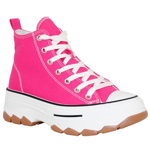 TRENDSUP 2-Inch Height Platform Lace-Up Canvas Sneakers - Fashionable, Comfortable, Durable, and Versatile Shoes for Everyday Casual Wear Fuchsia