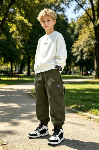 Pantalones cargo casuales verdes para niños de 5 a 14 años de estilo militar 3