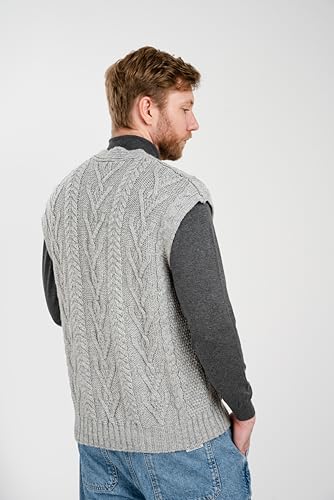 SAOL 100% Merino Wool Mens V Neck Vest Sleeveless Irish Cable Knit Cardigan Sweater with Buttons and Pockets3