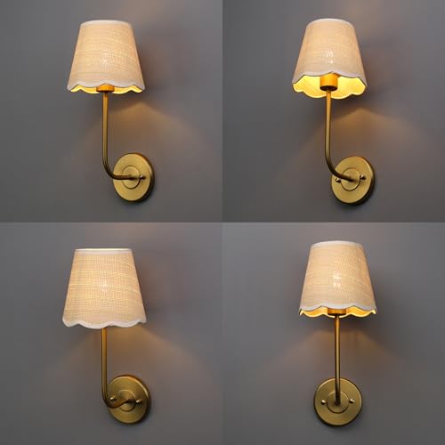 Image of Phansthy Industrial Hardwired Wall Sconce Vintage Farmhouse Wall Light, Boho Brass Finished Wall Lamps with Natural Rattan Woven Lampshade for Bedroom, Living Room (Antique Gold, One-Light 2 Pack)