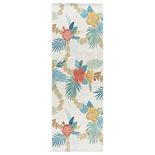 Gertmenian Reyn Spooner Kona Coast Fresco Hawaiian Tropical Rugs - 2x6 Runner, Washable, Stain & UV Resistant Indoor Outdoor Area Rug - Green Ivory Orange Yellow, Laka, 46760