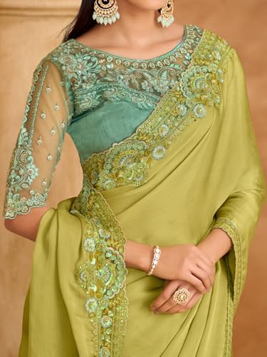 Image of AKHILAM Women's Satin Sequence Embroidery Saree With Unstitched Blouse Piece(SNDLWOD1601 TFH Parent)