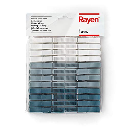 Rayen | Pinzas de Plástico de Maxima Calidad | No marcan la Ropa | Antideslizantes para Colada | 9 x 1 x 1 cm | Blanco/Gris/Azul