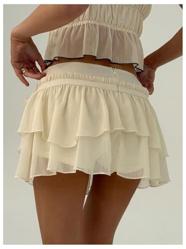 MakeMeChic Women's Y2K Mini Skirt Ruffle Tiered Bow Knot Drop Waist Summer A Line Skirts4