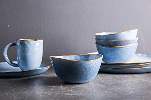 Pangu 16-Piece Dinnerware Sets, Service For 4,Blue, Handmade Random Shaped, 4 Bowls, 4 Dishs, 4 Salad Plates, 4 Mugs, Aquamarine #TOP4