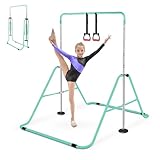Triclicks Foldable Gymnastics Bar with Rings, Adjustable Height Expandable Training Kip Bar for Kids 3-12 - Home Gym Horizontal Monkey Bars Equipment for Boys & Girls (Green)