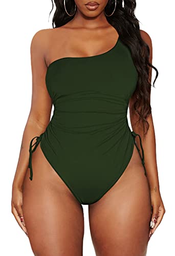 Viottiset Women's One Shoulder Ruched One Piece Swimsuit Tummy Control High Cut Cheeky Bathing Suit Army Green X-Large #TOP2