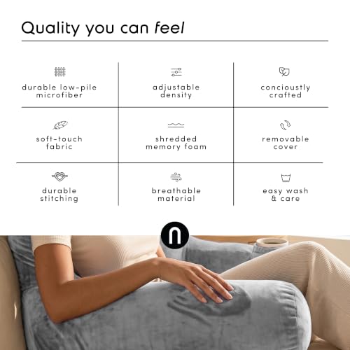 Image of Nestl Reading Pillow with Shredded Memory Foam, Designed for Sitting Up in Bed and Couch, Back and Arms Adjustable Support for Adult & Teens Backrest Pillows for Reading with Washable Cover Light Grey