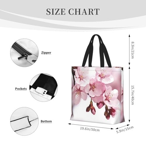 Cherry Blossom Tote Bags for Women Canvas Tote Purse Large Shoulder Bag Aesthetic Shopping Bags Reusable Grocery Bag Hobo Bags Casual Handbags, Top Zipper Closure3
