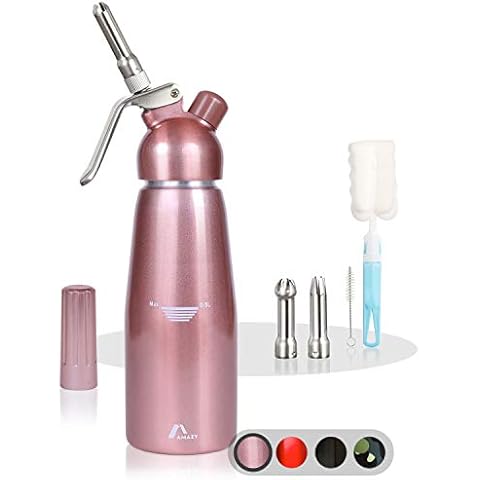 Amazy Sahnespender inkl. 3 Edelstahl Tüllen + 2 Reinigungsbürsten - Profi Sahnesyphon aus Aluminium für die Zubereitung von Schlagsahne, Creme, Mousse, Espuma & Co. (Roségold | 500 ml) Cover