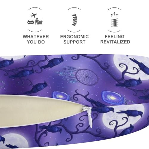 Image of Unisex Travel Neck Pillow Memory Foam U Shaped Cushion Dream Catchers and Raven, Washable Cover for Men Women Airplane Car Home Rest