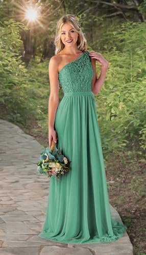 Image of LANGKAAO Women's One Shoulder Bridesmaid Dresses Long for Wedding with Pockets Lace Bodice A-Line Chiffon Formal Party Gown