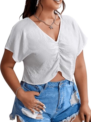 MakeMeChic Women's Plus Size Ruched Front Short Sleeve Shirts Casual V Neck Crop Top Blouse White...