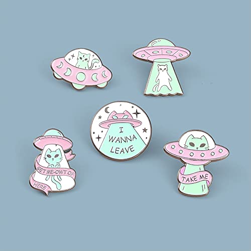 ROFARSO Fun Alien Cat Enamel Lapel Pin Set Cartoon UFO Pin, Halloween Accessory for Backpacks Clothing Bags Hats Shirts (5piccs pin set)3