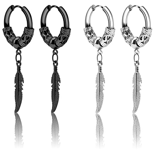 Wbs 2 Pairs Surgical Stainless Steel Huggie Hoop Dangle Earrings Mens 12Mm Vintage Feather Earrings Set Punk Viking Cool Hypoallergenic Kpop Earrings Set Black-Silver #TOP1