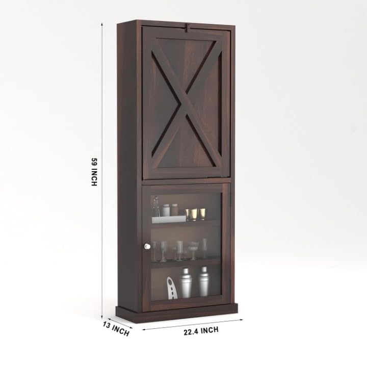 Image of Sheesham Wood Bar Cabinet with Foldable Counter Table | Wooden Wine Rack with Glass Storage | Space Saving Home and Office Bar Furniture - Walnut Finish