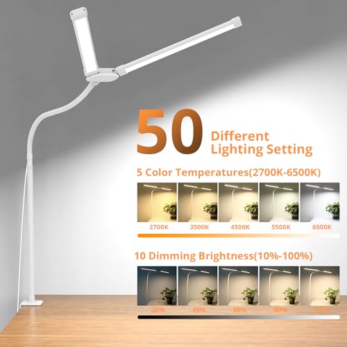 Image of Woputne Desk Lamp with Clamp, with 5V 2A Adapter, LED Desk Lamp with Dual Head, 50 Light Modes, Computer Monitor Flexible Neck Lamp, Eye Protection Desk Lamps for Study, Office, Crafts, Draw(White)