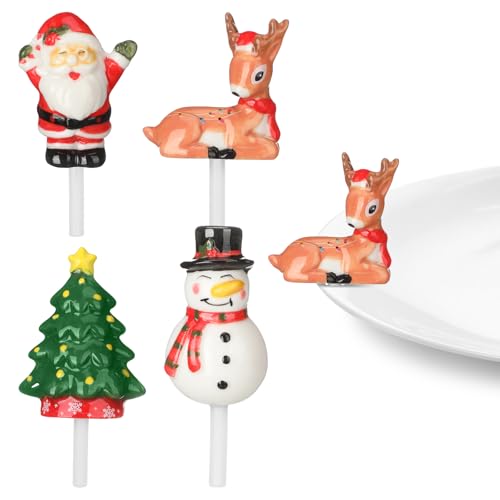 Sieral 4 Pcs Christmas Hand-painted Ceramic Plate Accent Decorations
