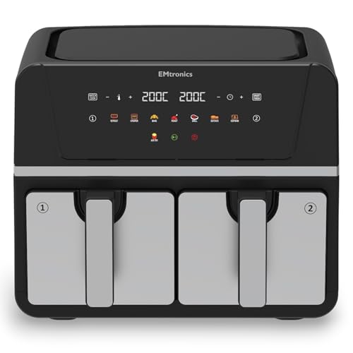 EMtronics 9L Dual Zone Air Fryer 2400W Family Size, 8 Preset Cooking Mode, Match Cook & Smart Finish Functions, 9 Litre - Stainless Steel